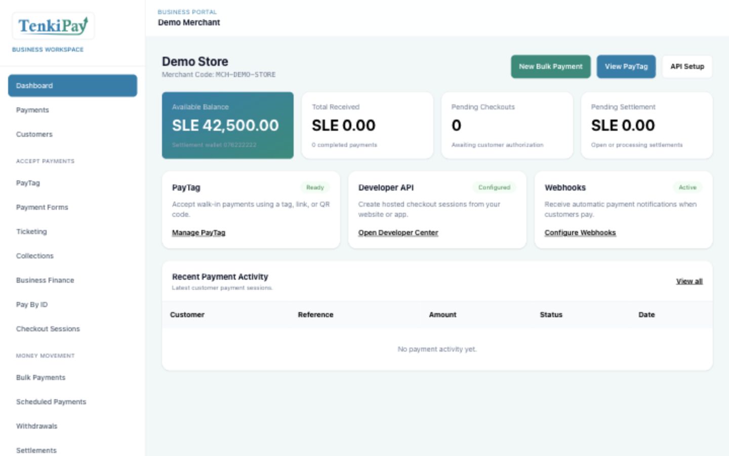 TenkiPay business workspace showing payments, balances, and operational tools